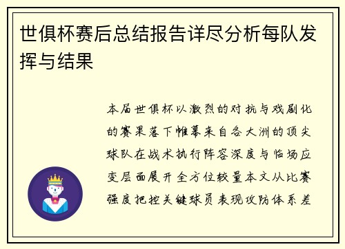 世俱杯赛后总结报告详尽分析每队发挥与结果
