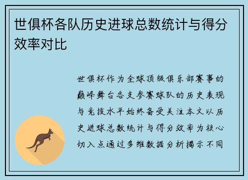 世俱杯各队历史进球总数统计与得分效率对比